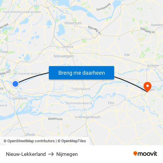 Nieuw-Lekkerland to Nijmegen map