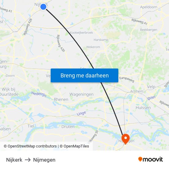 Nijkerk to Nijmegen map