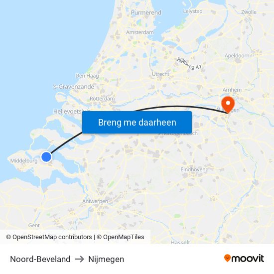 Noord-Beveland to Nijmegen map
