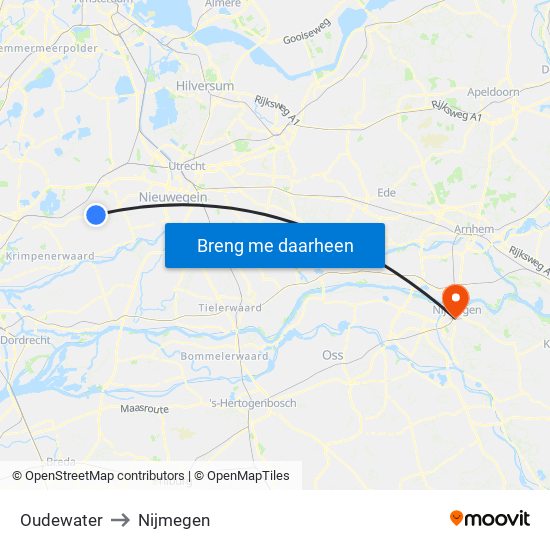 Oudewater to Nijmegen map