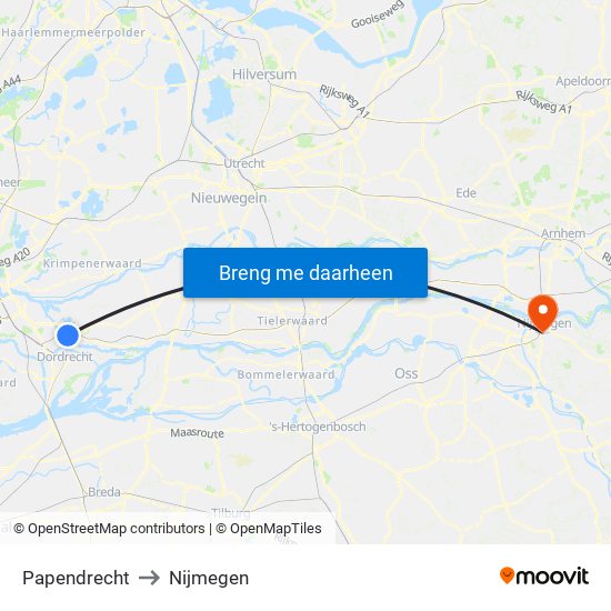 Papendrecht to Nijmegen map
