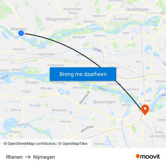 Rhenen to Nijmegen map