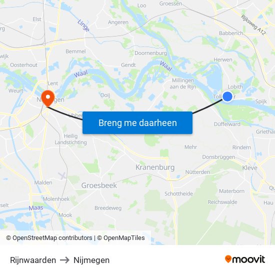 Rijnwaarden to Nijmegen map