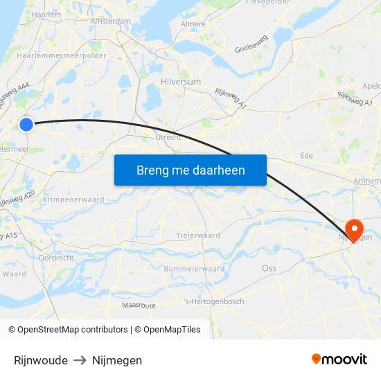 Rijnwoude to Nijmegen map