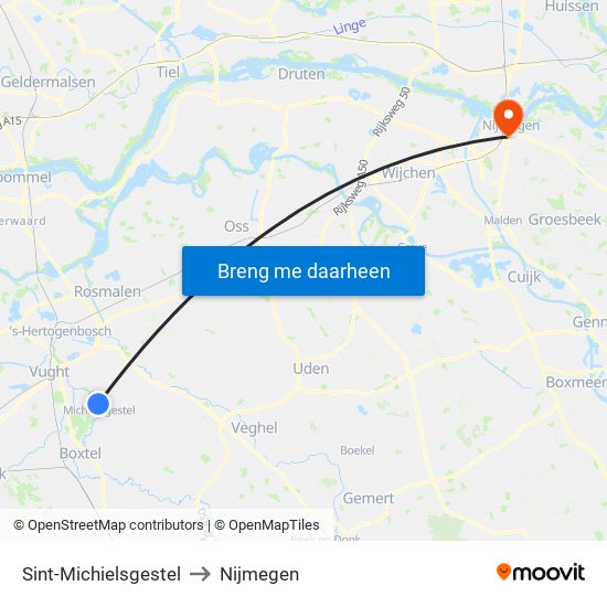 Sint-Michielsgestel to Nijmegen map