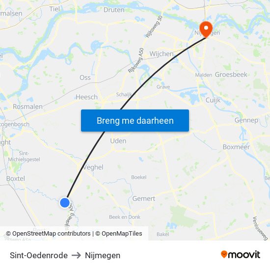 Sint-Oedenrode to Nijmegen map