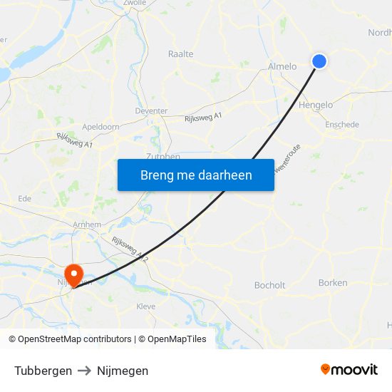Tubbergen to Nijmegen map