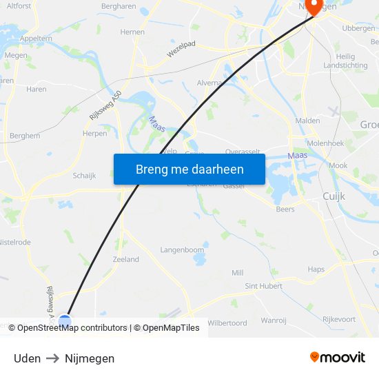 Uden to Nijmegen map