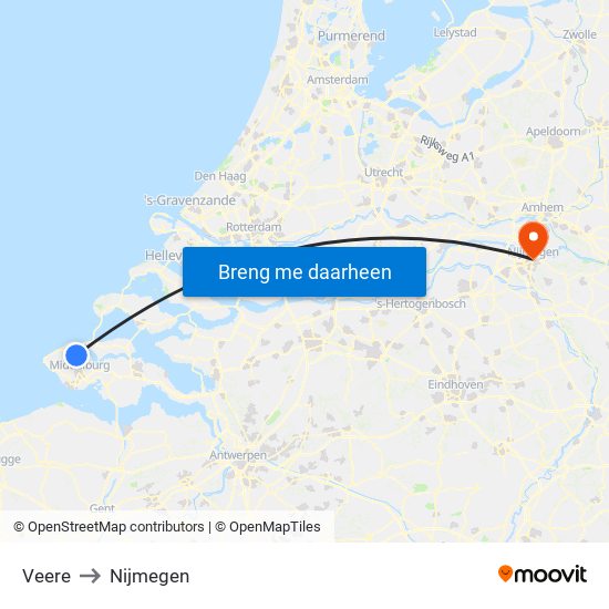 Veere to Nijmegen map