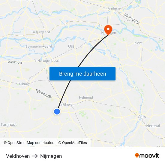 Veldhoven to Nijmegen map