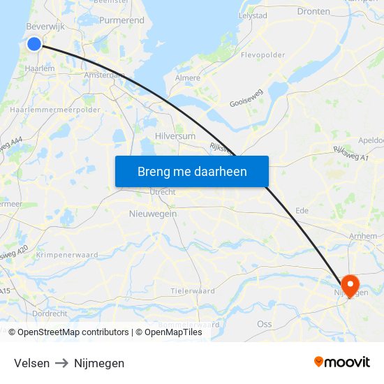 Velsen to Nijmegen map