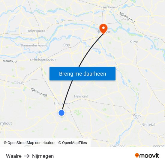 Waalre to Nijmegen map