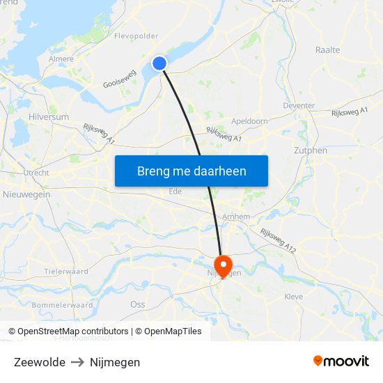 Zeewolde to Nijmegen map