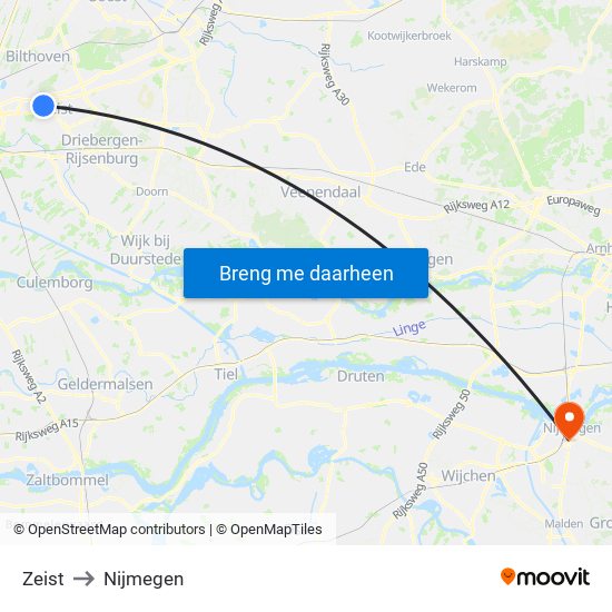Zeist to Nijmegen map