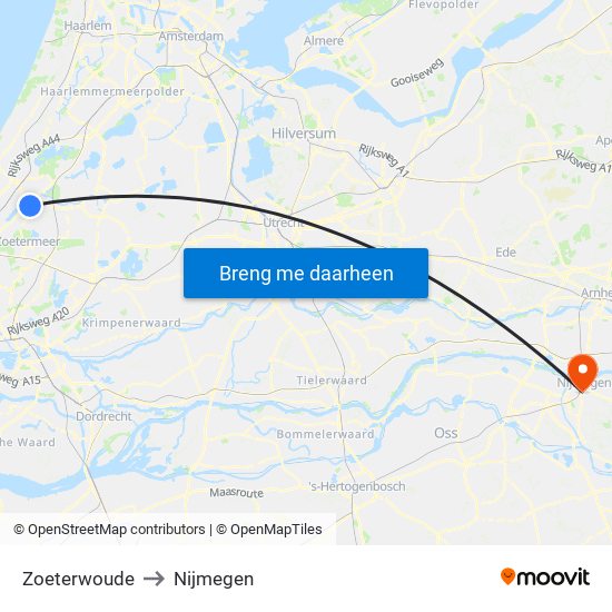 Zoeterwoude to Nijmegen map