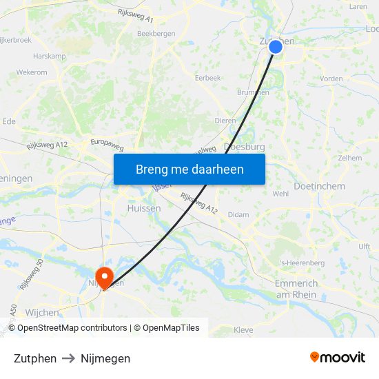 Zutphen to Nijmegen map