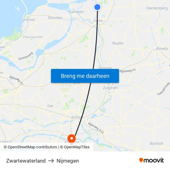 Zwartewaterland to Nijmegen map