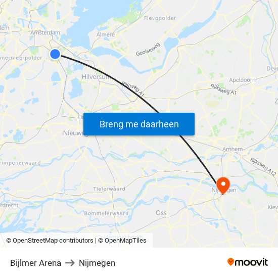 Bijlmer Arena to Nijmegen map