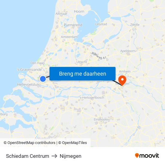 Schiedam Centrum to Nijmegen map