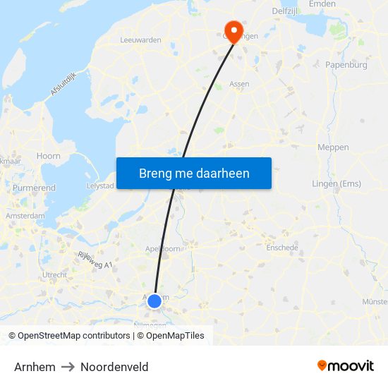 Arnhem to Noordenveld map