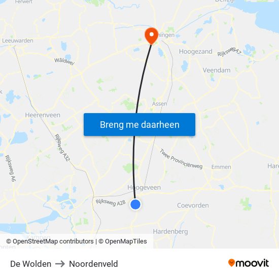 De Wolden to Noordenveld map