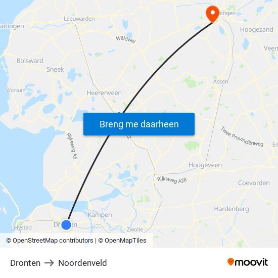 Dronten to Noordenveld map