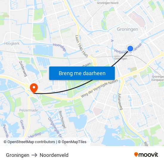Groningen to Noordenveld map