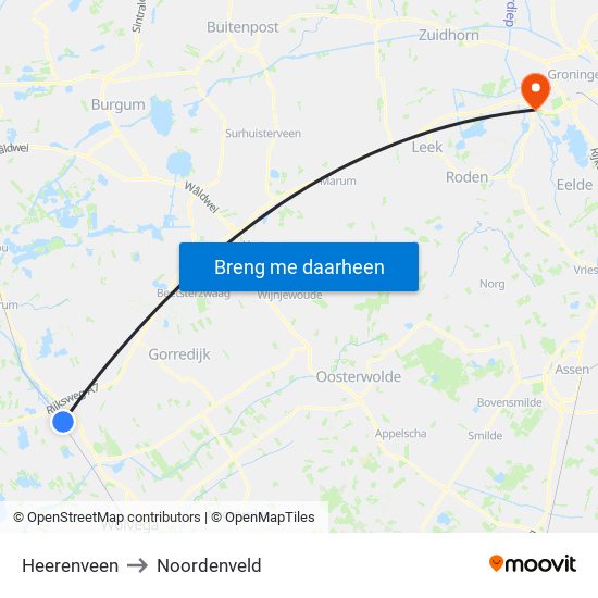 Heerenveen to Noordenveld map