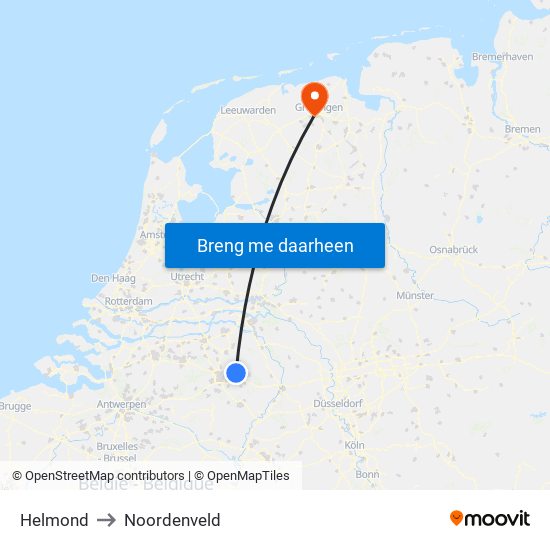 Helmond to Noordenveld map