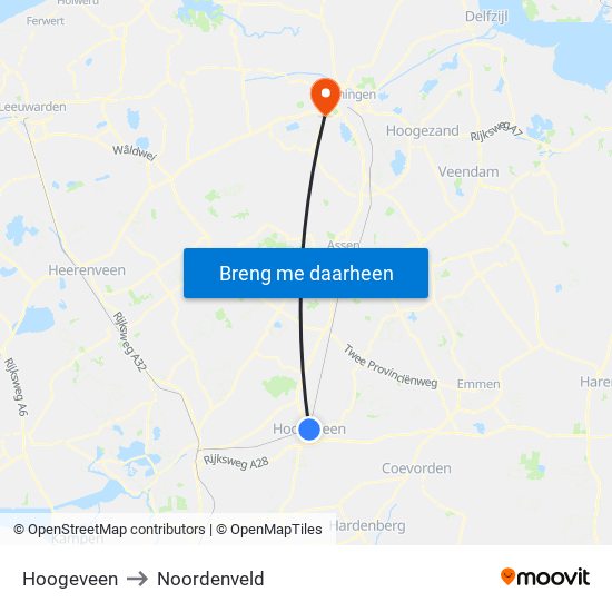Hoogeveen to Noordenveld map