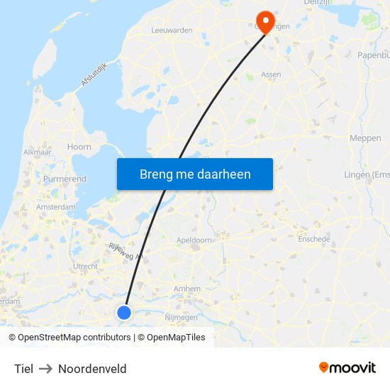 Tiel to Noordenveld map