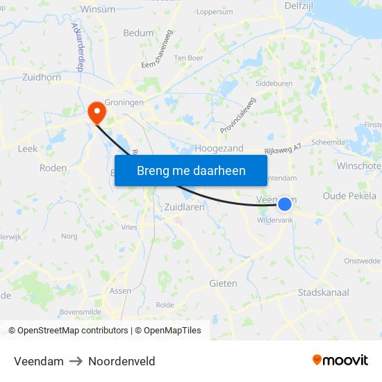 Veendam to Noordenveld map