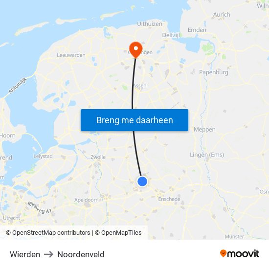 Wierden to Noordenveld map