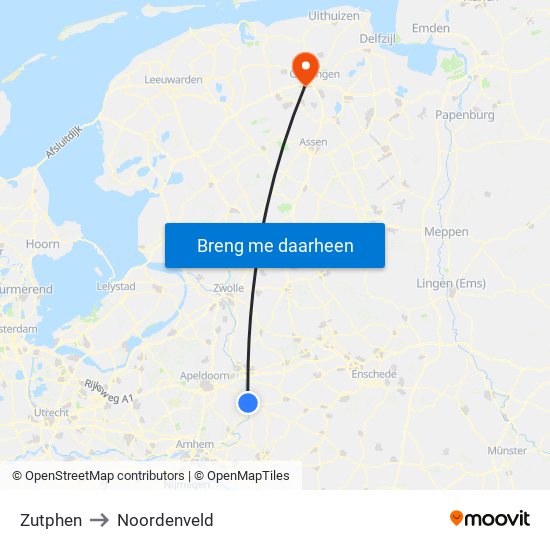 Zutphen to Noordenveld map