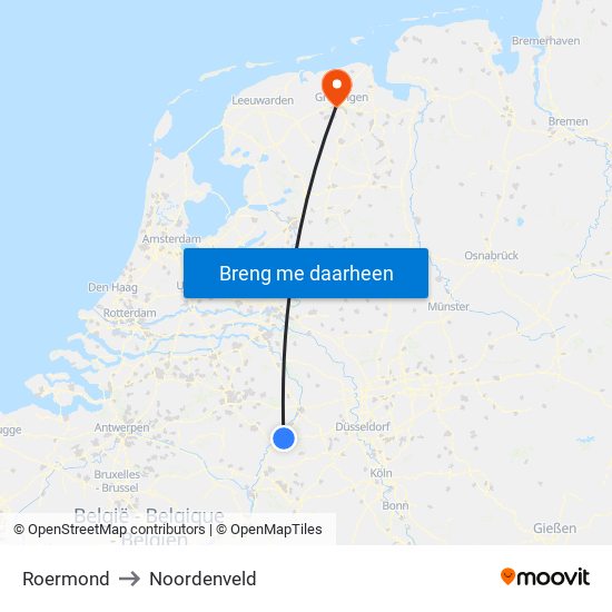 Roermond to Noordenveld map