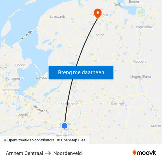 Arnhem Centraal to Noordenveld map