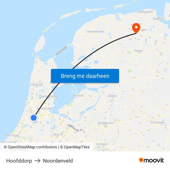 Hoofddorp to Noordenveld map