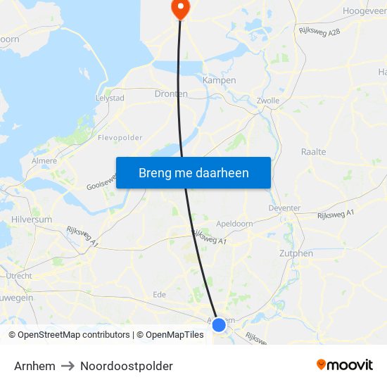 Arnhem to Noordoostpolder map