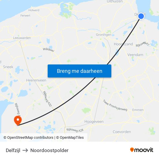 Delfzijl to Noordoostpolder map