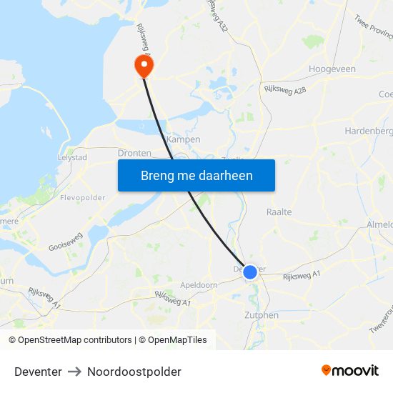 Deventer to Noordoostpolder map