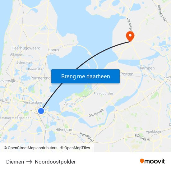 Diemen to Noordoostpolder map