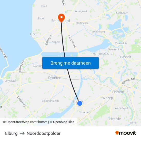Elburg to Noordoostpolder map