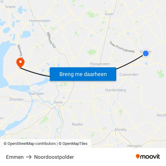 Emmen to Noordoostpolder map