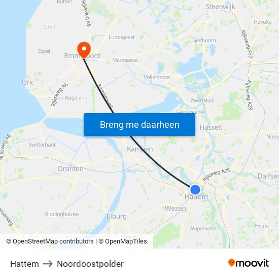 Hattem to Noordoostpolder map