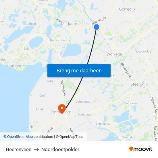 Heerenveen to Noordoostpolder map