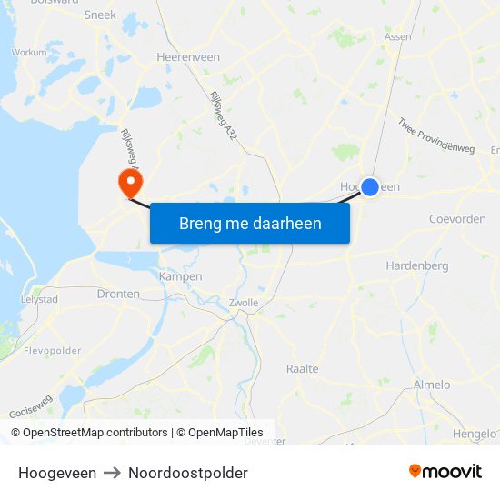 Hoogeveen to Noordoostpolder map