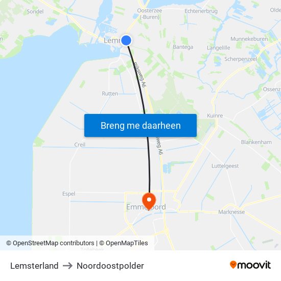 Lemsterland to Noordoostpolder map