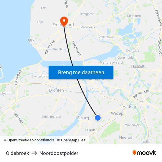 Oldebroek to Noordoostpolder map