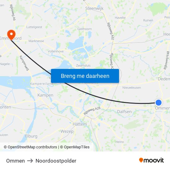 Ommen to Noordoostpolder map