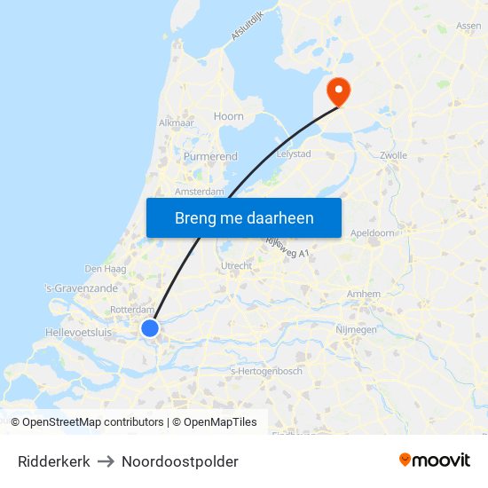 Ridderkerk to Noordoostpolder map